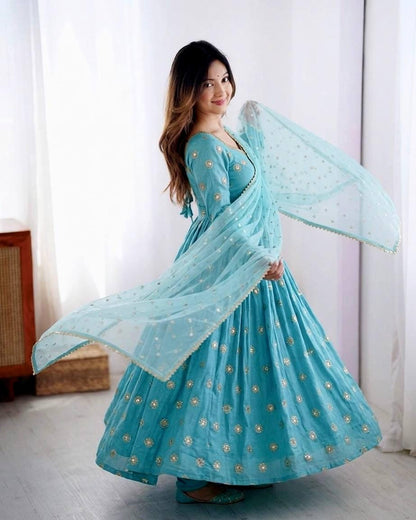 Blue Silk Gown, Long Sleeve Mirror Work, Full Flair Prom Dress