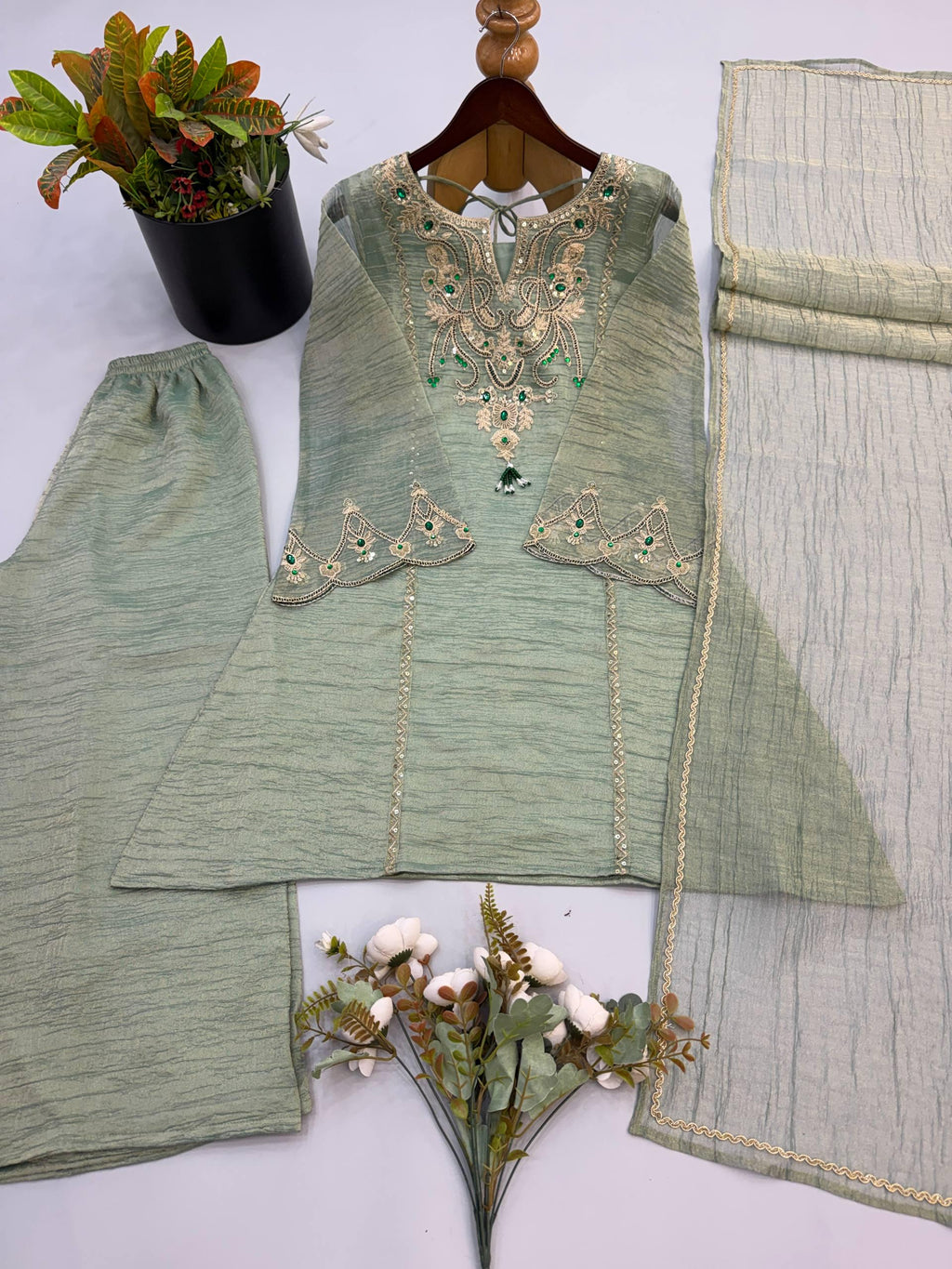 Designer Salsa Silk Sage Green Embroidery Coding & Stone Work Sharara Suit Set Custom Stitched