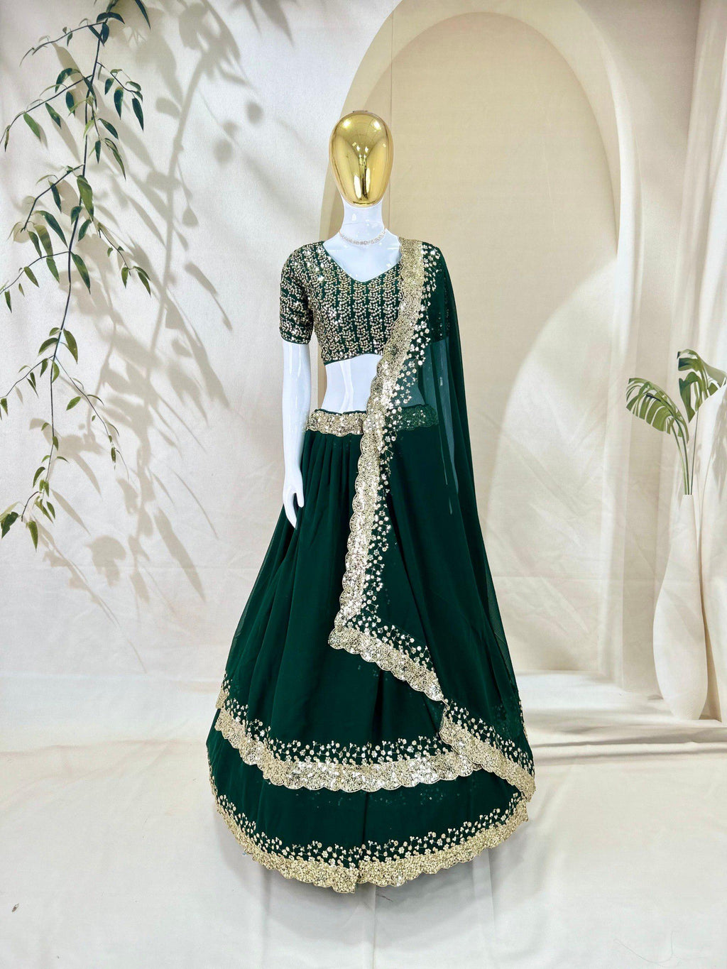 Designer Indian Wedding Lehenga Choli: Dark Green Georgette Embroidery Sequins Work (Made To Order)