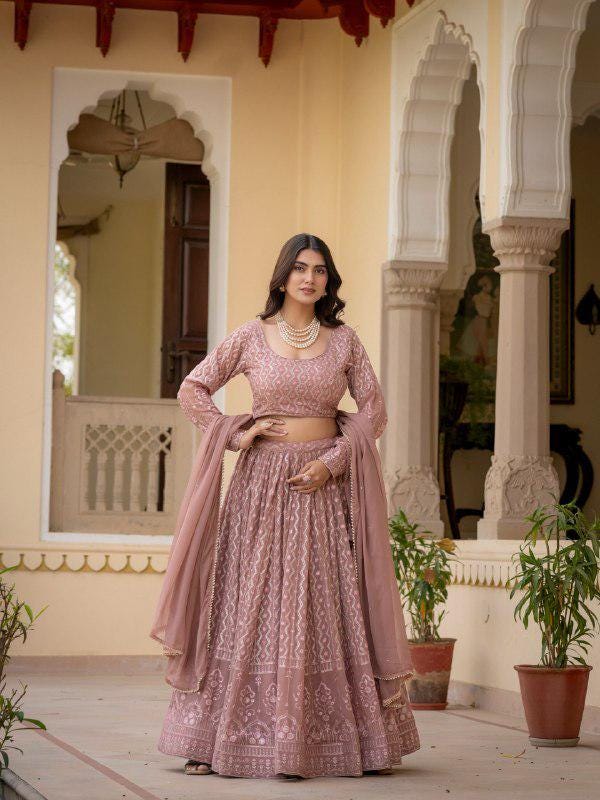 Rosy Brown Embroidered Lehenga Choli Set, Custom Stitched Faux Georgette Traditional Wear