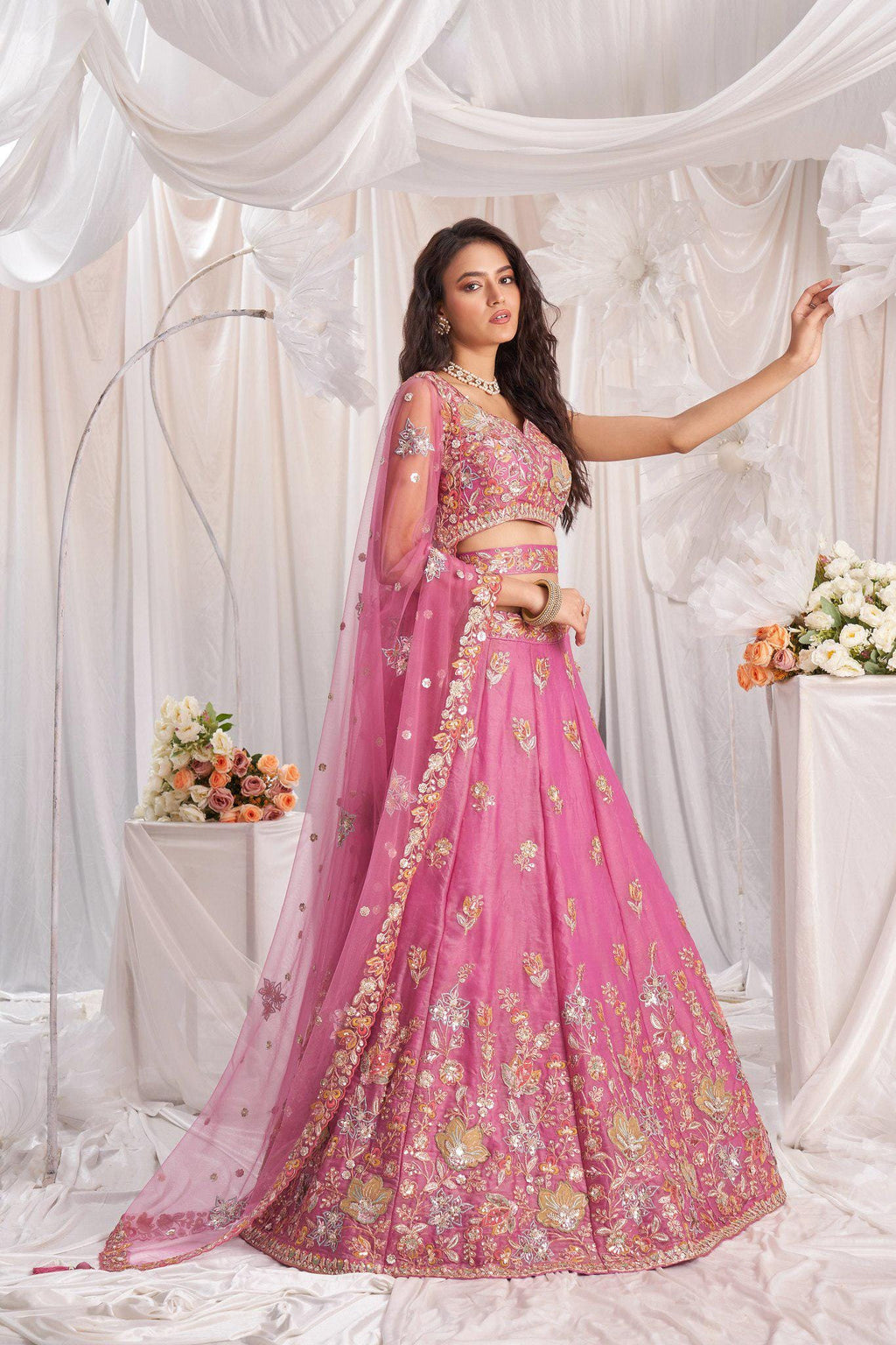 Baby Pink Embroidered Fandy Silk Lehenga Choli Set, Wedding Wear Dupatta