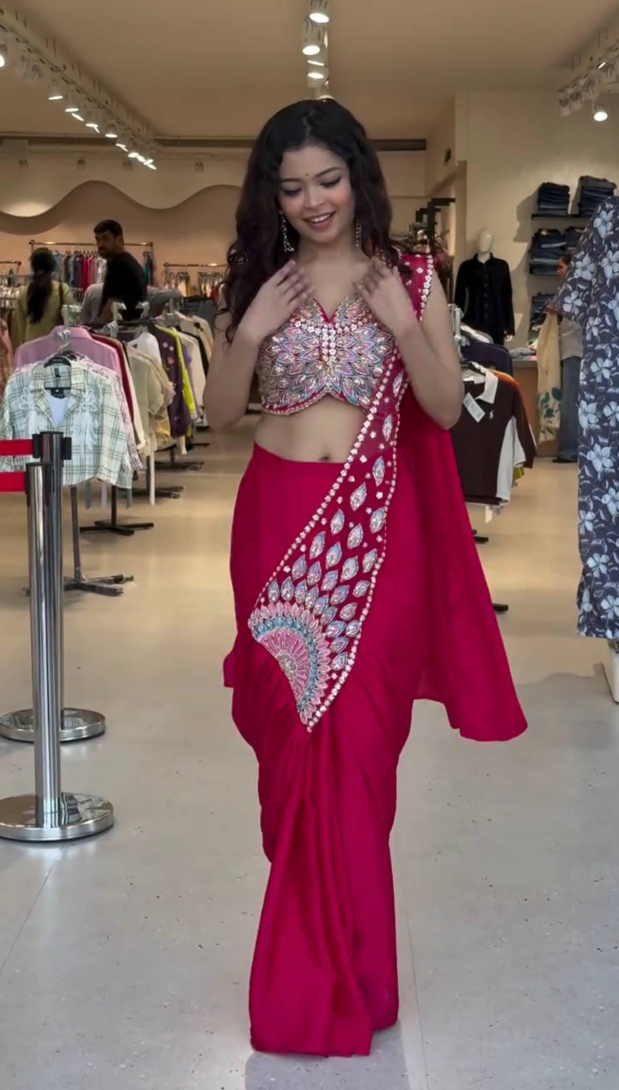 Ready-to-Wear Red Faux Georgette Saree with Sequin Work