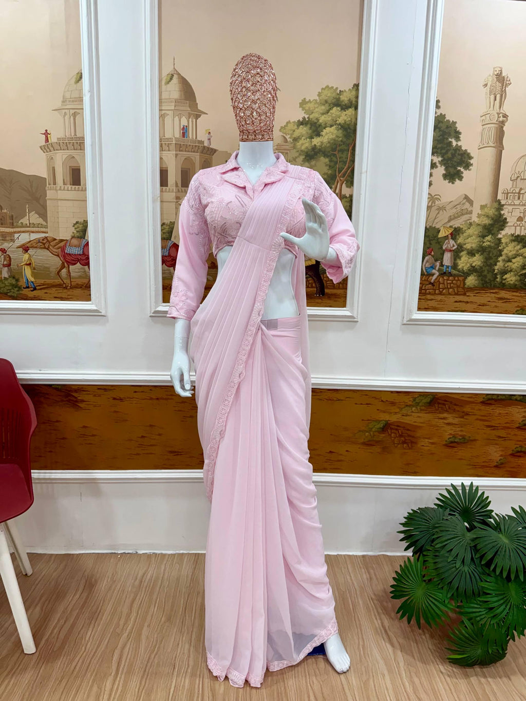 Ready-to-Wear Baby Pink Georgette Drape Saree with Sequins Work Custom Stitch Blouse