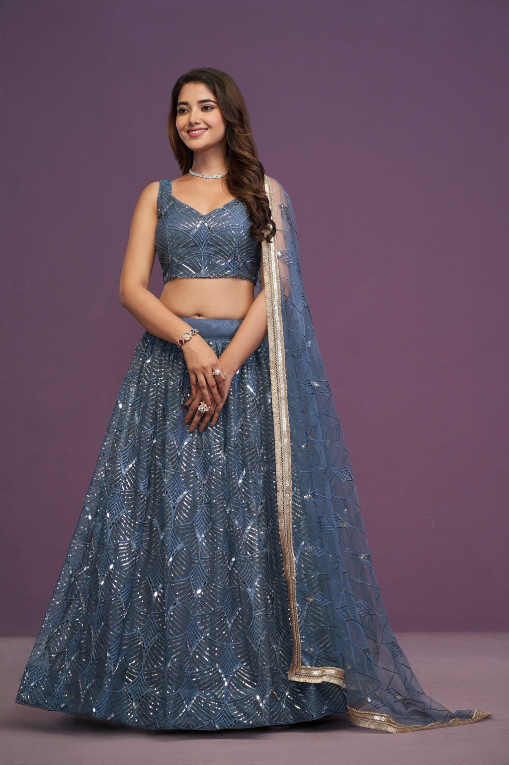 Blue Net Lehenga Choli Set: Real Mirror & Sequence Work Wedding Wear