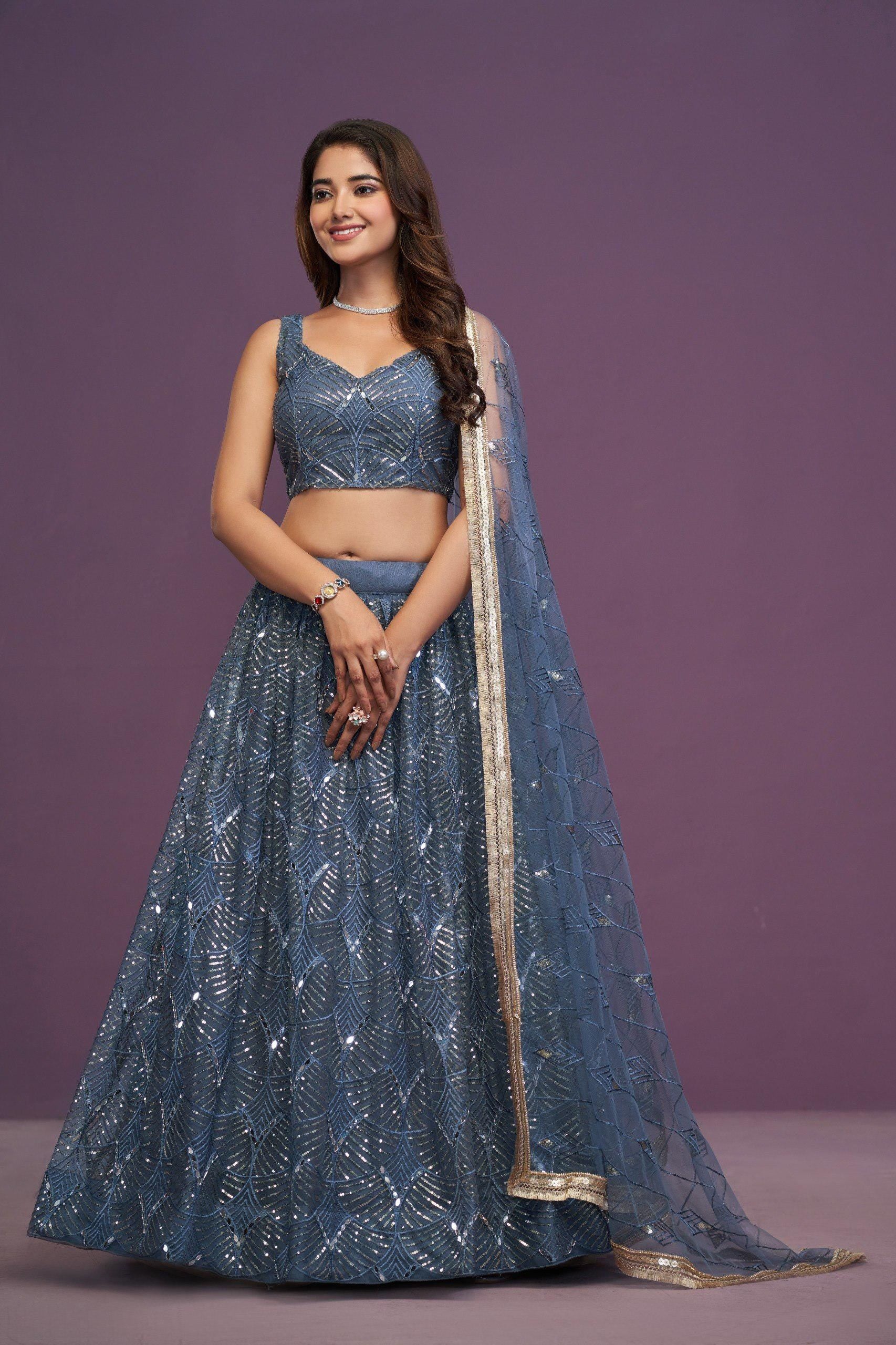 Blue Net Lehenga Choli Set: Real Mirror & Sequence Work Wedding Wear