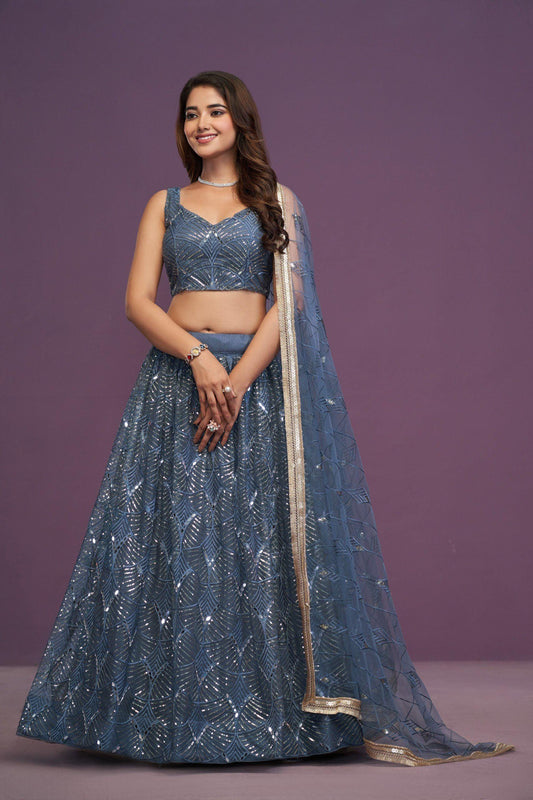 Blue Net Lehenga Choli Set: Real Mirror & Sequence Work Wedding Wear