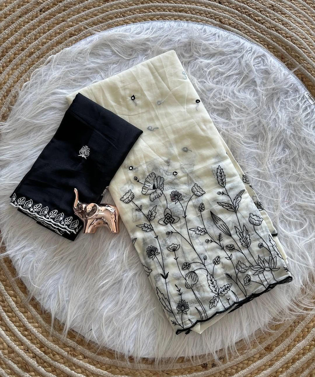 White Georgette Saree with Embroidery, Sequin & Rivet Detail