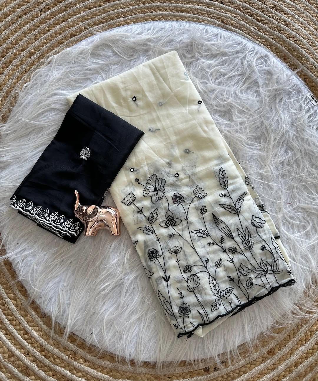 White Georgette Saree with Embroidery, Sequin & Rivet Detail