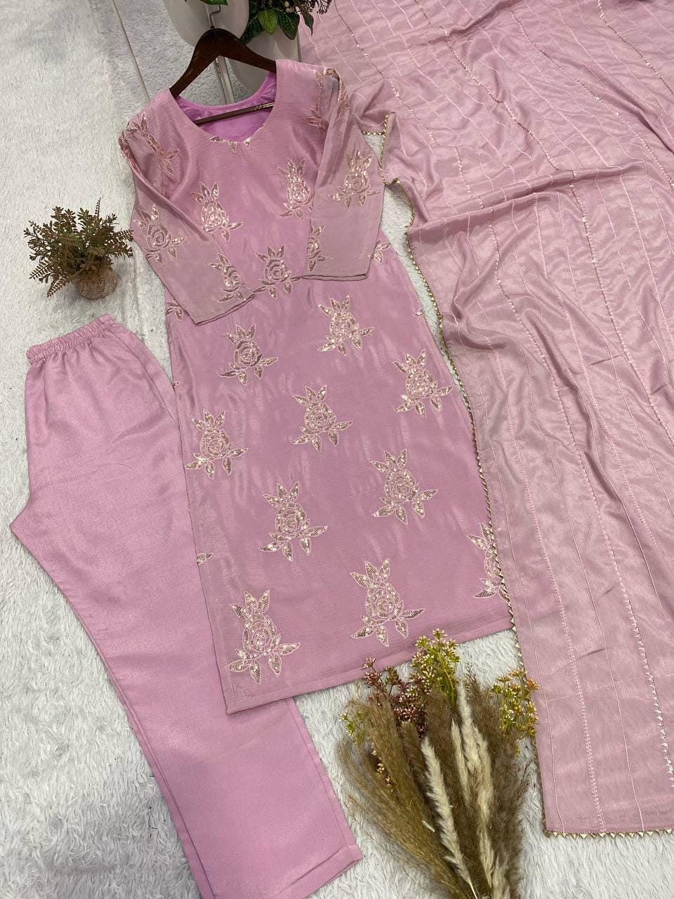 Purple Chinon Suit Set | Sequence Embroidery Kurta Pants Dupatta | Indian Party Wear Ethnic Dress