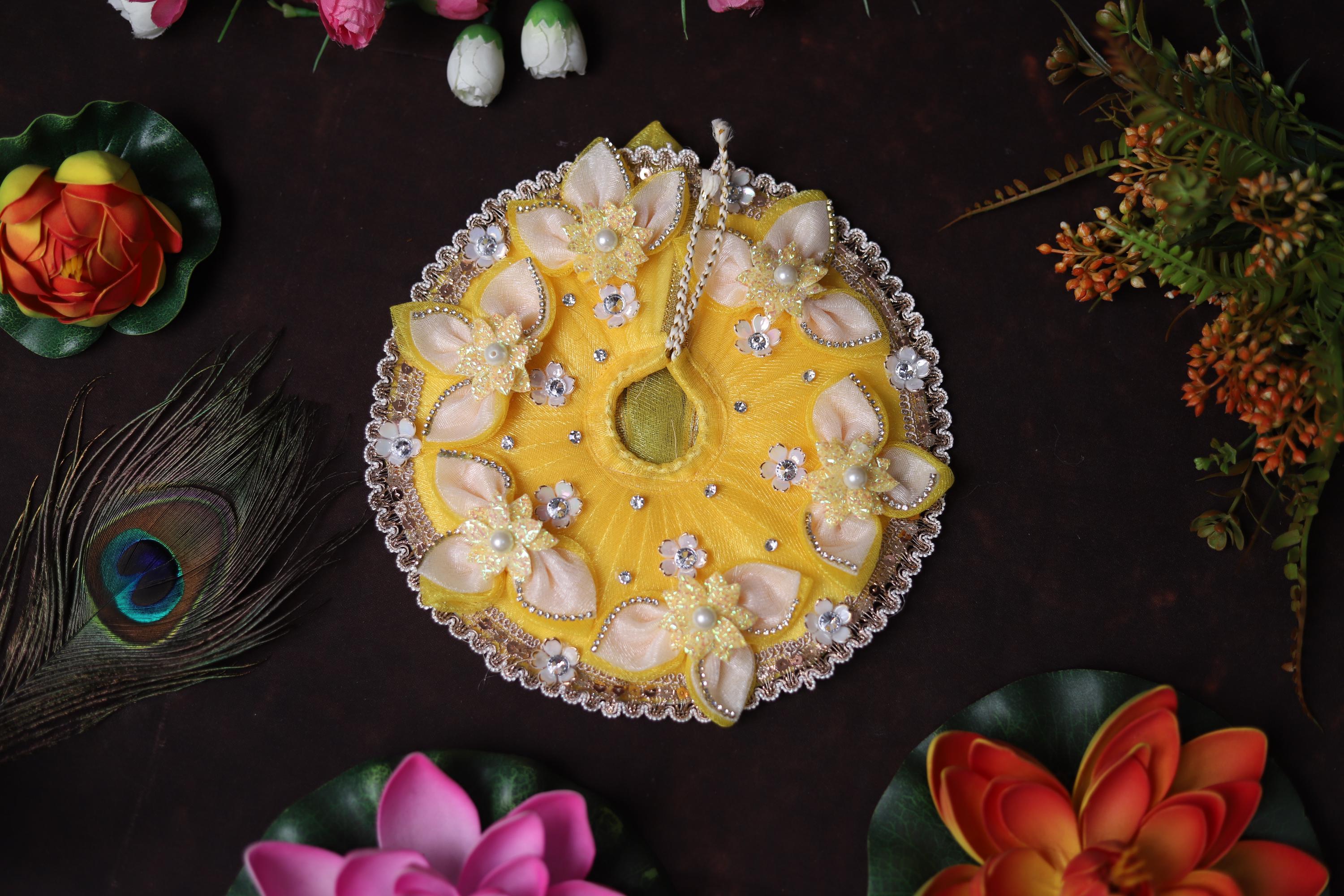 Handcrafted Yellow Kanha Ji Poshak: Floral Stone Pearl Work Festive Dress