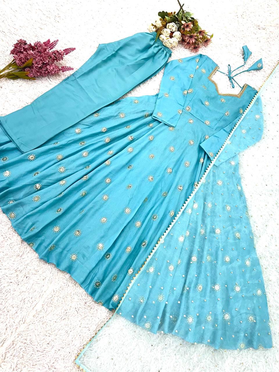 Blue Silk Gown, Long Sleeve Mirror Work, Full Flair Prom Dress