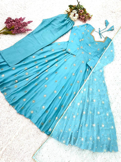 Blue Silk Gown, Long Sleeve Mirror Work, Full Flair Prom Dress