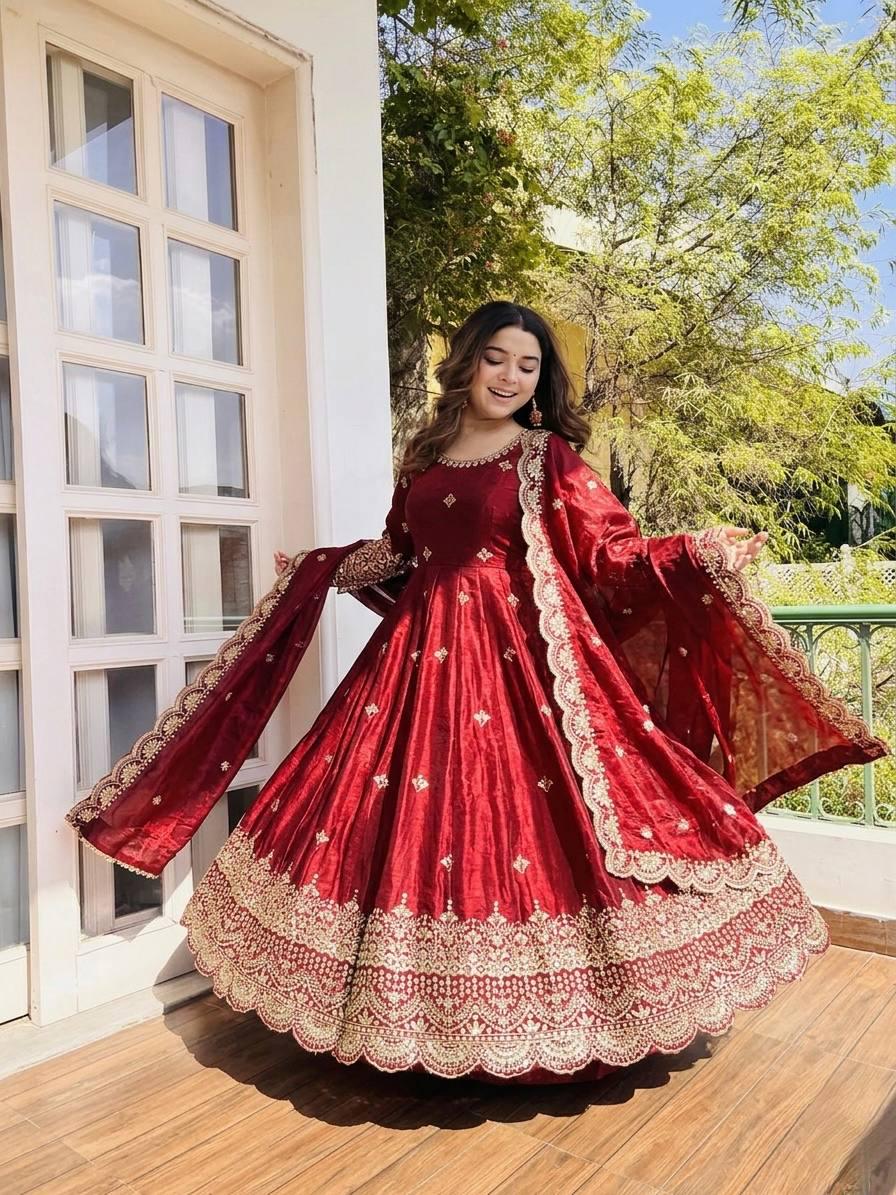 Maroon Pure Fendy Silk Gown Set | Sequence Embroidery Party Wear Dress