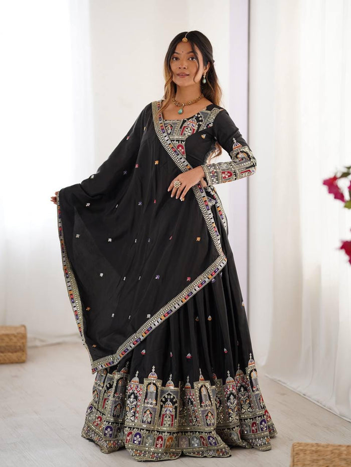 Designer Indian Wedding Lehenga Choli: Midnight Black Georgette Embroidery Sequins Work (Made To Order)