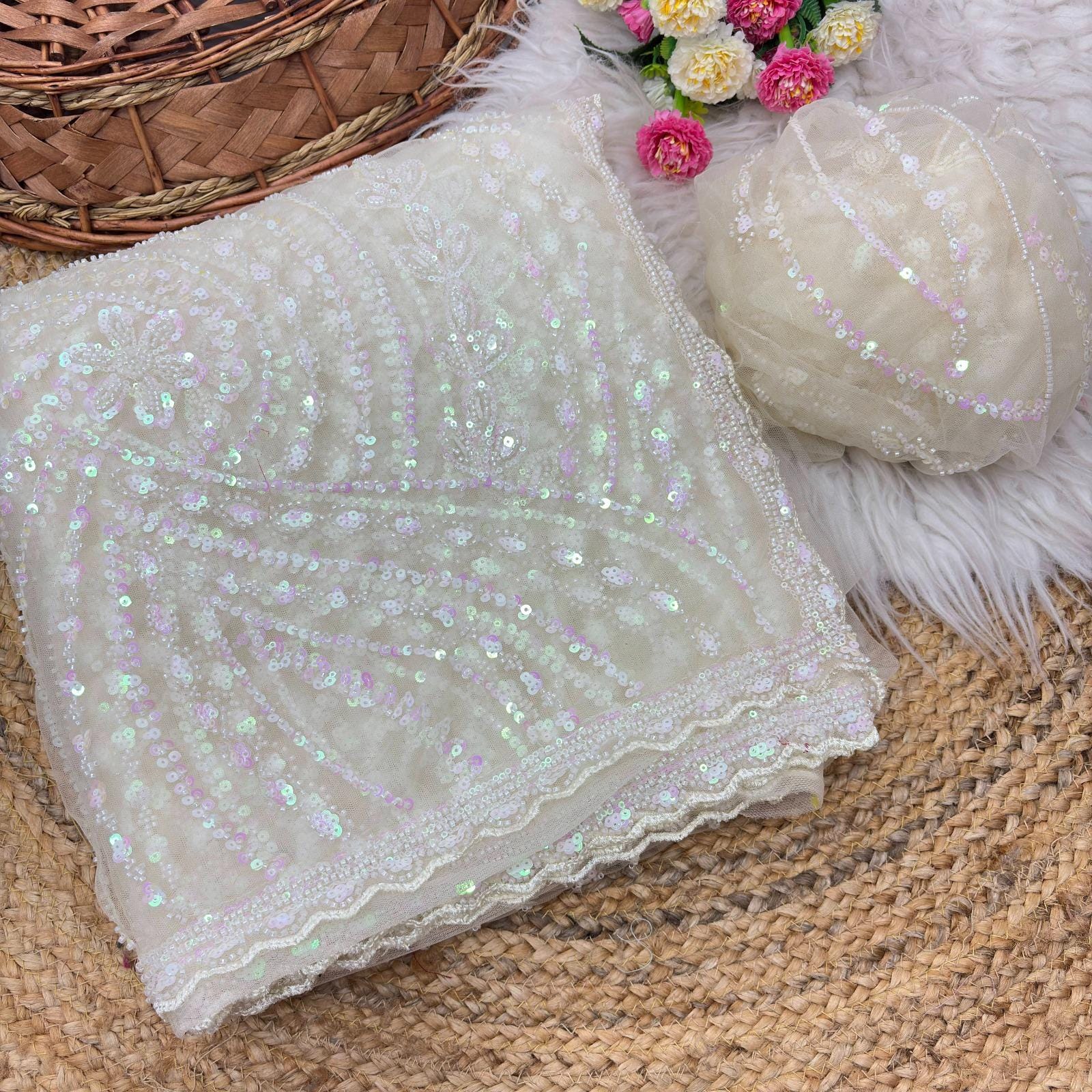 White & Black Soft Net Saree with Beadwork & Cutwork Border