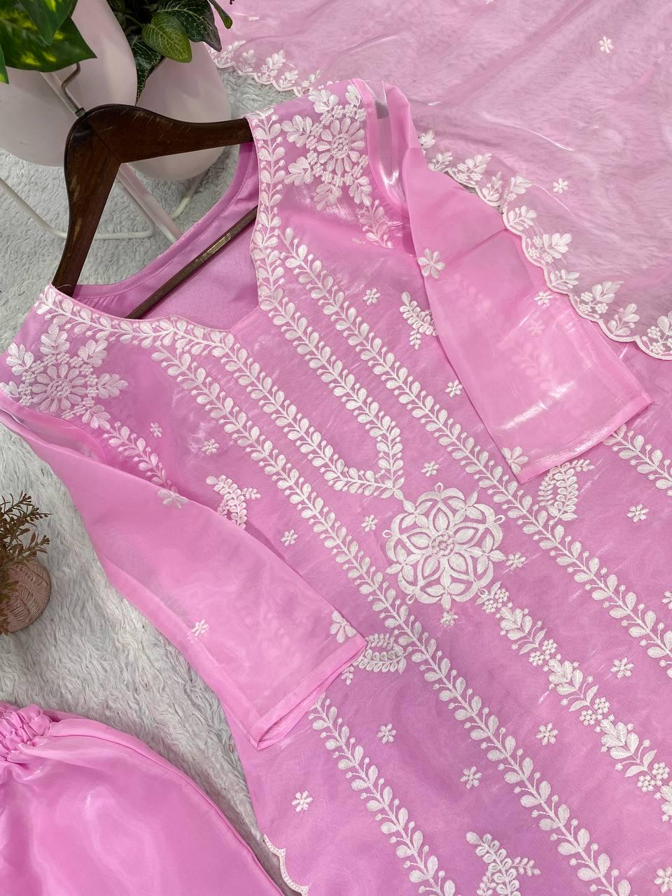 Pink Jimmy Choo Fabric Embroidered Kurta Salwar Set with Dupatta | Festive Indian Wear