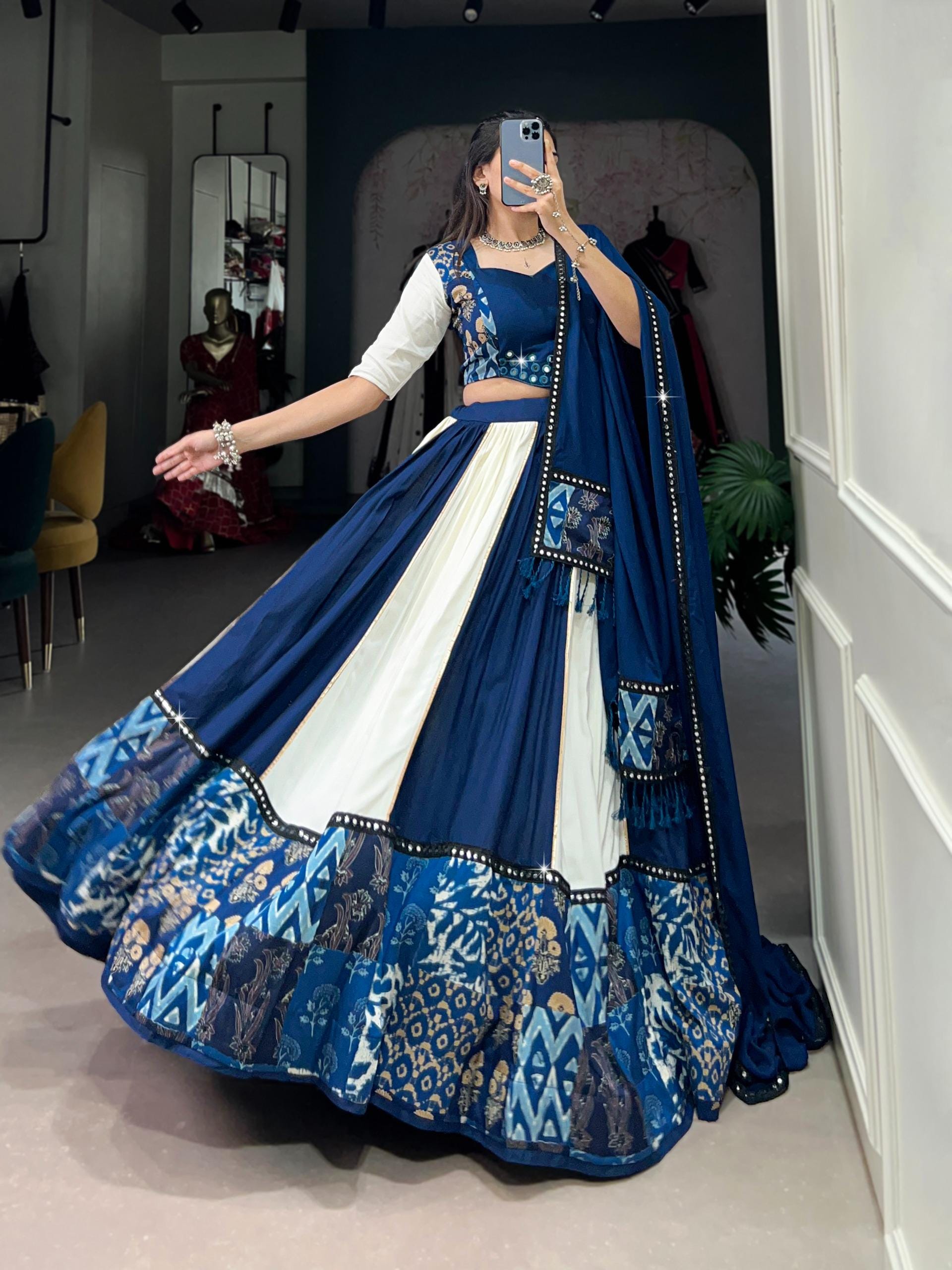 White Blue Mirror Work Lehenga Choli Set | Pure Rayon Dupatta Ensemble