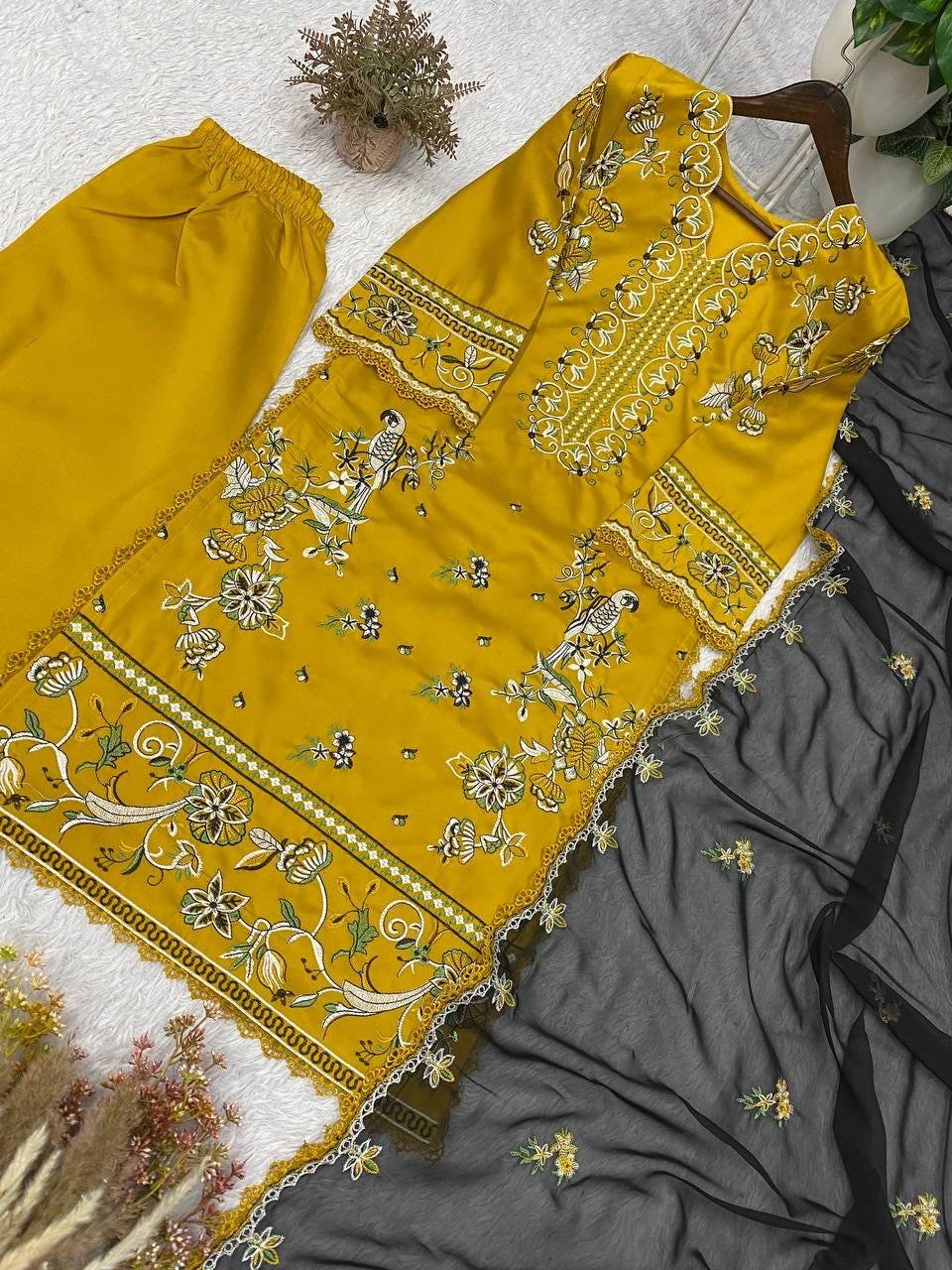 Designer Roman Silk Yellow Salwar Set with Dupatta | Embroidered Wedding Party Wear