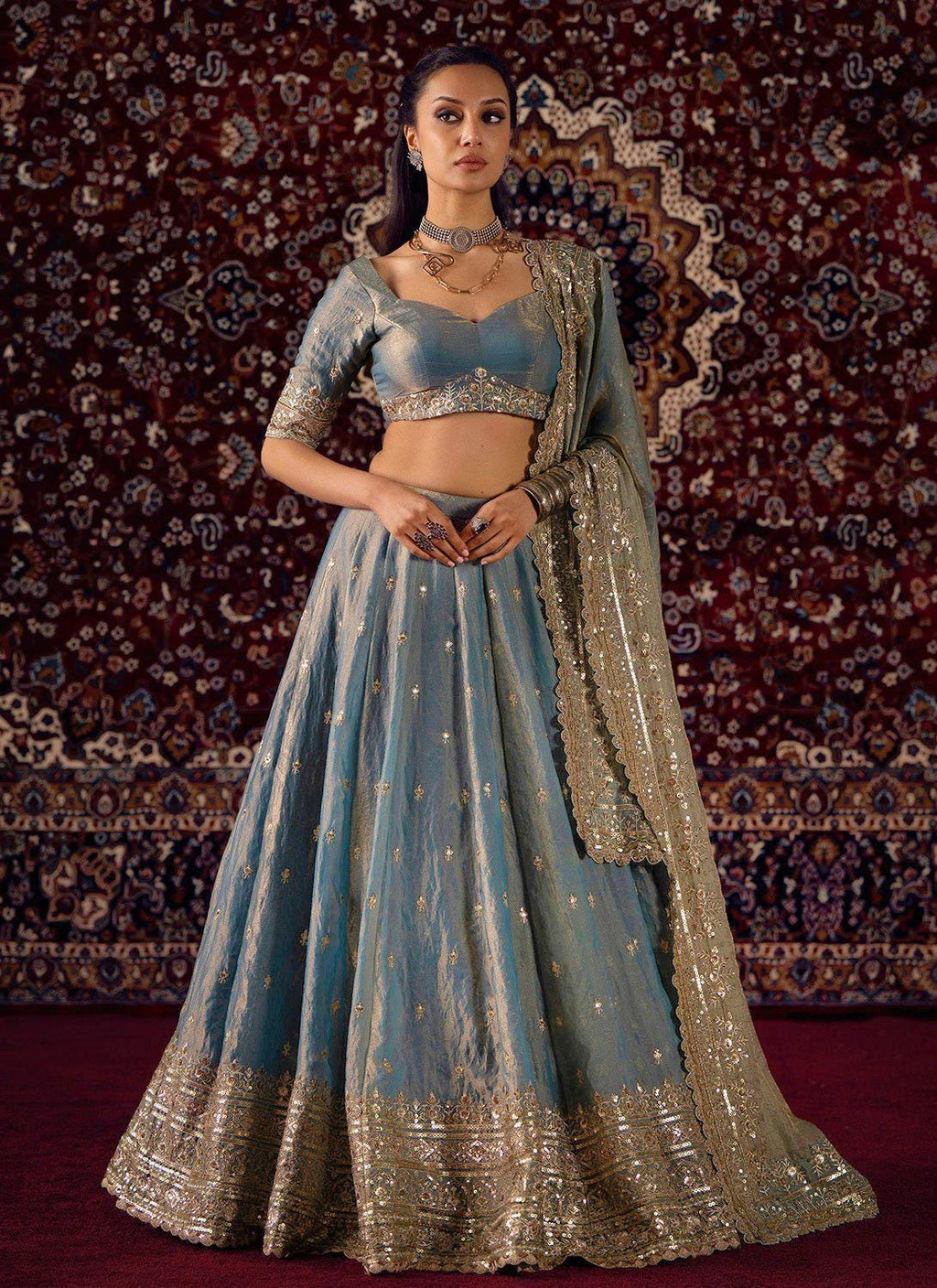 Designer Indian Wedding Lehenga Choli: Tint Blue Fandy Silk Embroidery (Made To Order)