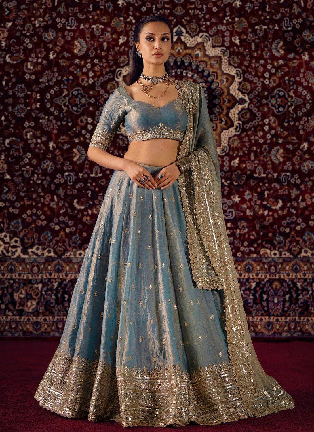 Designer Indian Wedding Lehenga Choli: Tint Blue Fandy Silk Embroidery (Made To Order)