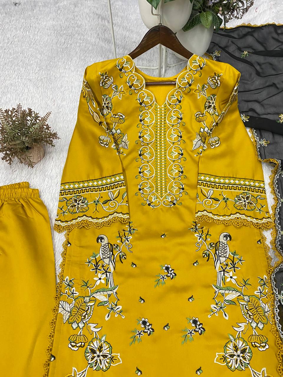 Designer Roman Silk Yellow Salwar Set with Dupatta | Embroidered Wedding Party Wear