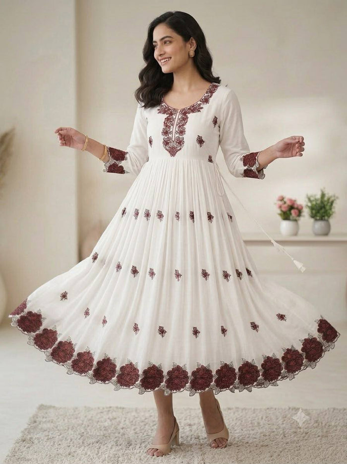 Women's White Rayon Embroidery Work Maxi Gown Set (50 Inch Length)