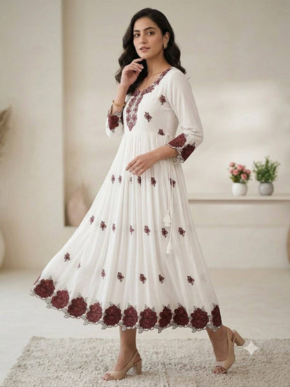 Women's White Rayon Embroidery Work Maxi Gown Set (50 Inch Length)