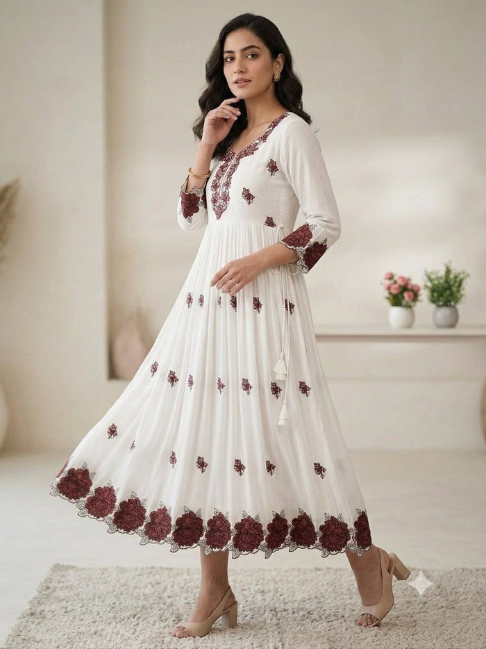 Women's White Rayon Embroidery Work Maxi Gown Set (50 Inch Length)