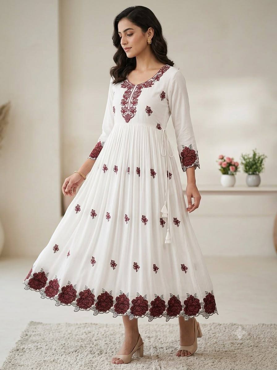 Women's White Rayon Embroidery Work Maxi Gown Set (50 Inch Length)