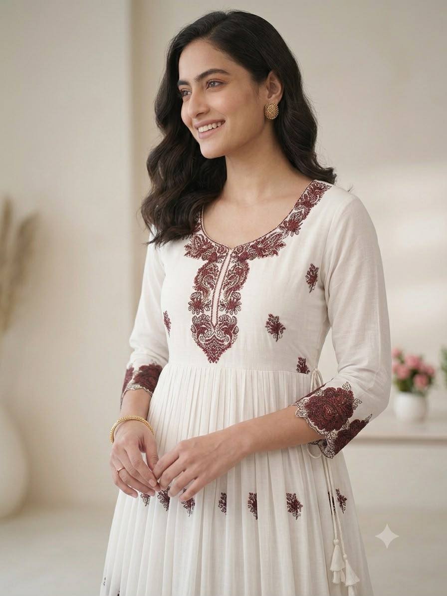 Women's White Rayon Embroidery Work Maxi Gown Set (50 Inch Length)