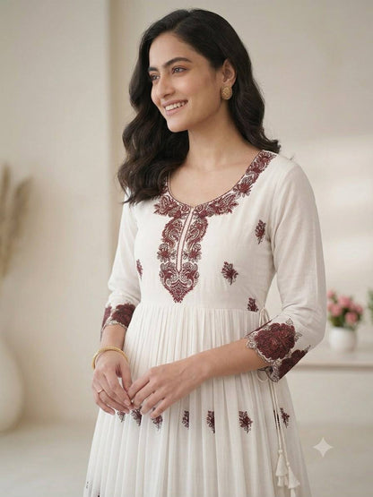 Women's White Rayon Embroidery Work Maxi Gown Set (50 Inch Length)