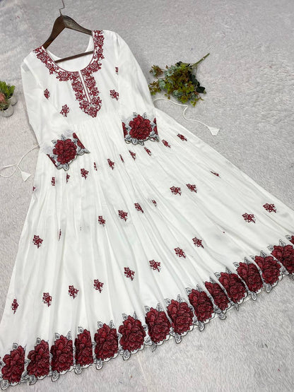 Women's White Rayon Embroidery Work Maxi Gown Set (50 Inch Length)