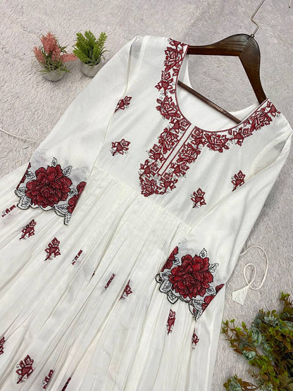 Women's White Rayon Embroidery Work Maxi Gown Set (50 Inch Length)