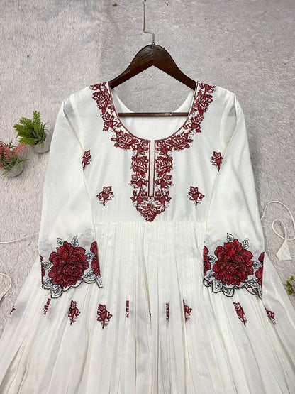 Women's White Rayon Embroidery Work Maxi Gown Set (50 Inch Length)
