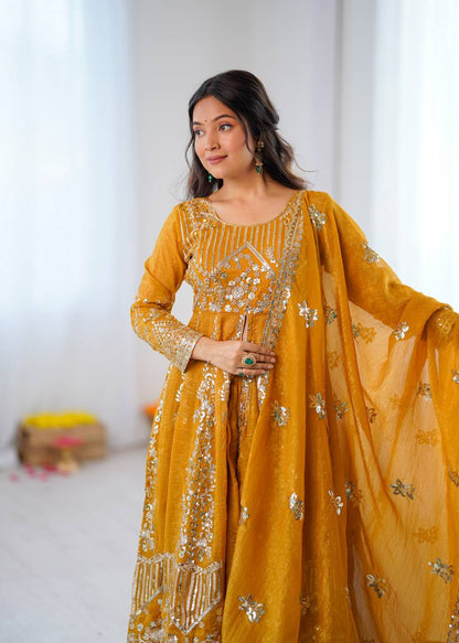 Women's Mustard Yellow Crunchy Silk Heavy Embroidery Sequence 3-Piece Gown & Lehenga Set