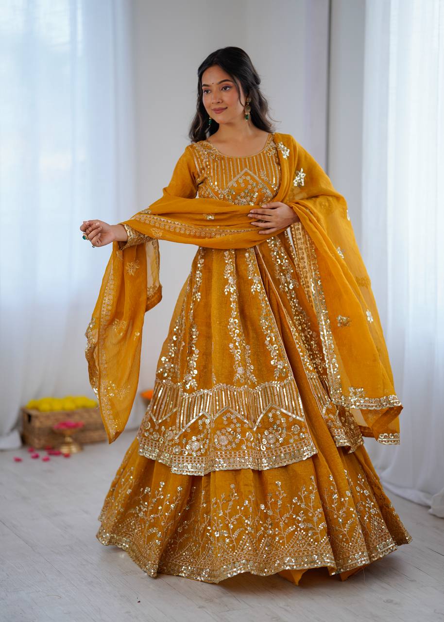 Women's Mustard Yellow Crunchy Silk Heavy Embroidery Sequence 3-Piece Gown & Lehenga Set