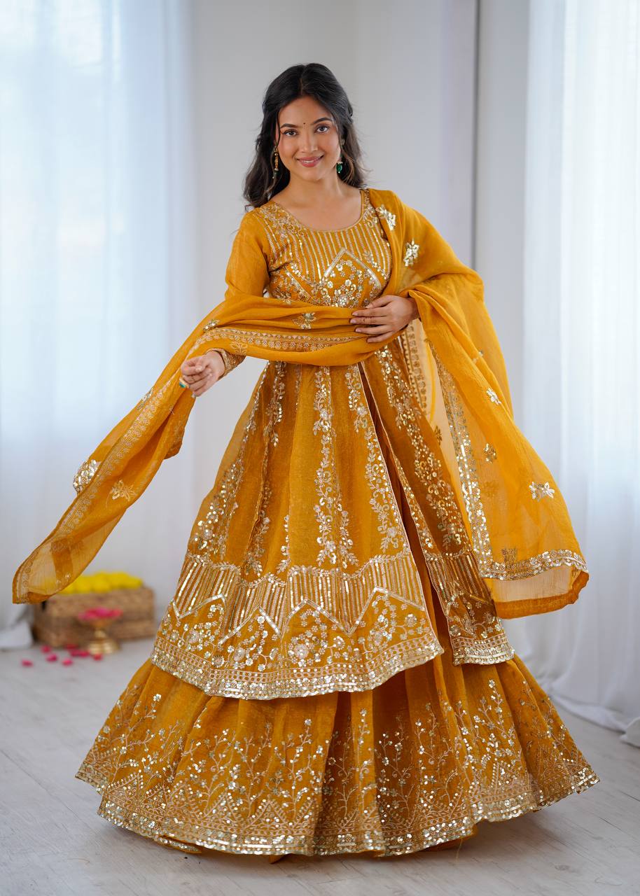 Women's Mustard Yellow Crunchy Silk Heavy Embroidery Sequence 3-Piece Gown & Lehenga Set