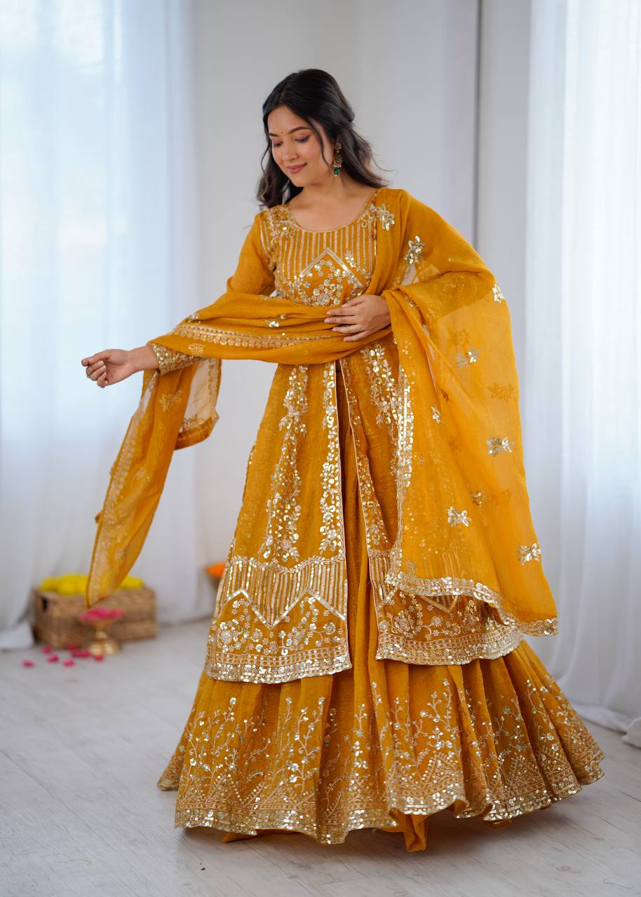 Women's Mustard Yellow Crunchy Silk Heavy Embroidery Sequence 3-Piece Gown & Lehenga Set