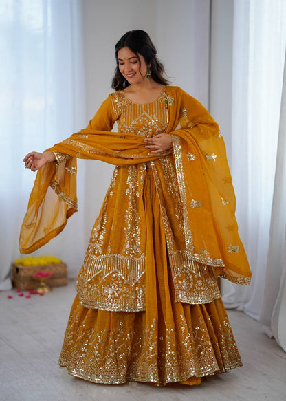 Women's Mustard Yellow Crunchy Silk Heavy Embroidery Sequence 3-Piece Gown & Lehenga Set