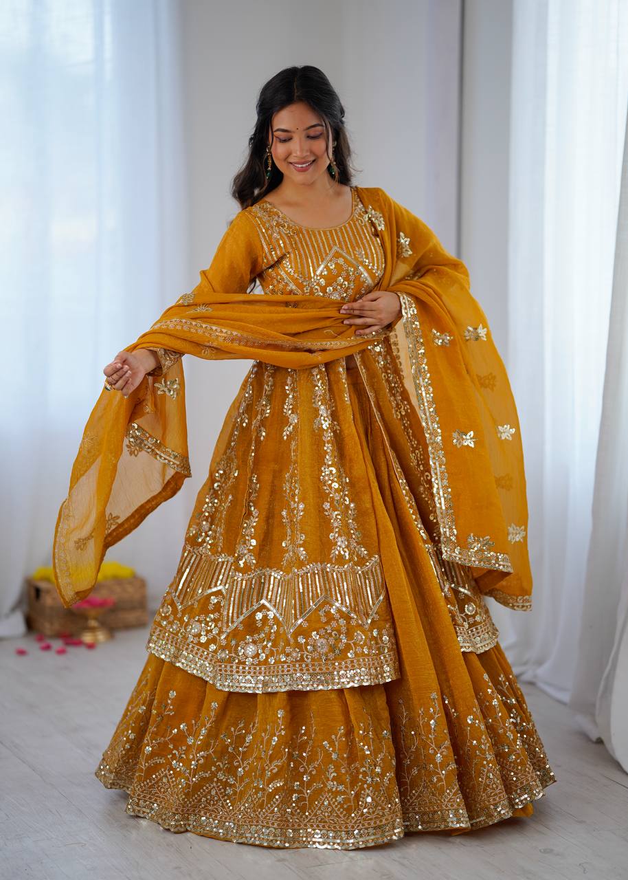 Women's Mustard Yellow Crunchy Silk Heavy Embroidery Sequence 3-Piece Gown & Lehenga Set