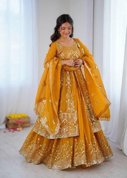 Women's Mustard Yellow Crunchy Silk Heavy Embroidery Sequence 3-Piece Gown & Lehenga Set