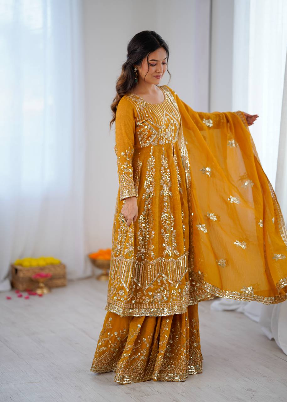 Women's Mustard Yellow Crunchy Silk Heavy Embroidery Sequence 3-Piece Gown & Lehenga Set
