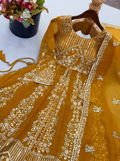 Women's Mustard Yellow Crunchy Silk Heavy Embroidery Sequence 3-Piece Gown & Lehenga Set