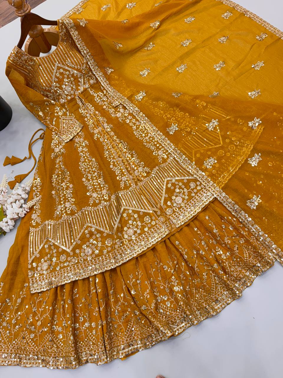 Women's Mustard Yellow Crunchy Silk Heavy Embroidery Sequence 3-Piece Gown & Lehenga Set