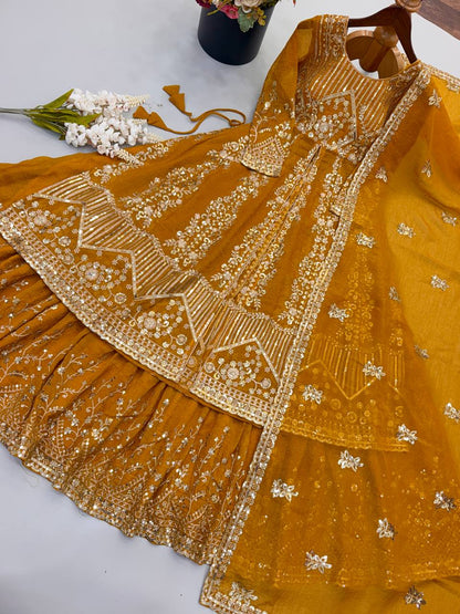 Women's Mustard Yellow Crunchy Silk Heavy Embroidery Sequence 3-Piece Gown & Lehenga Set