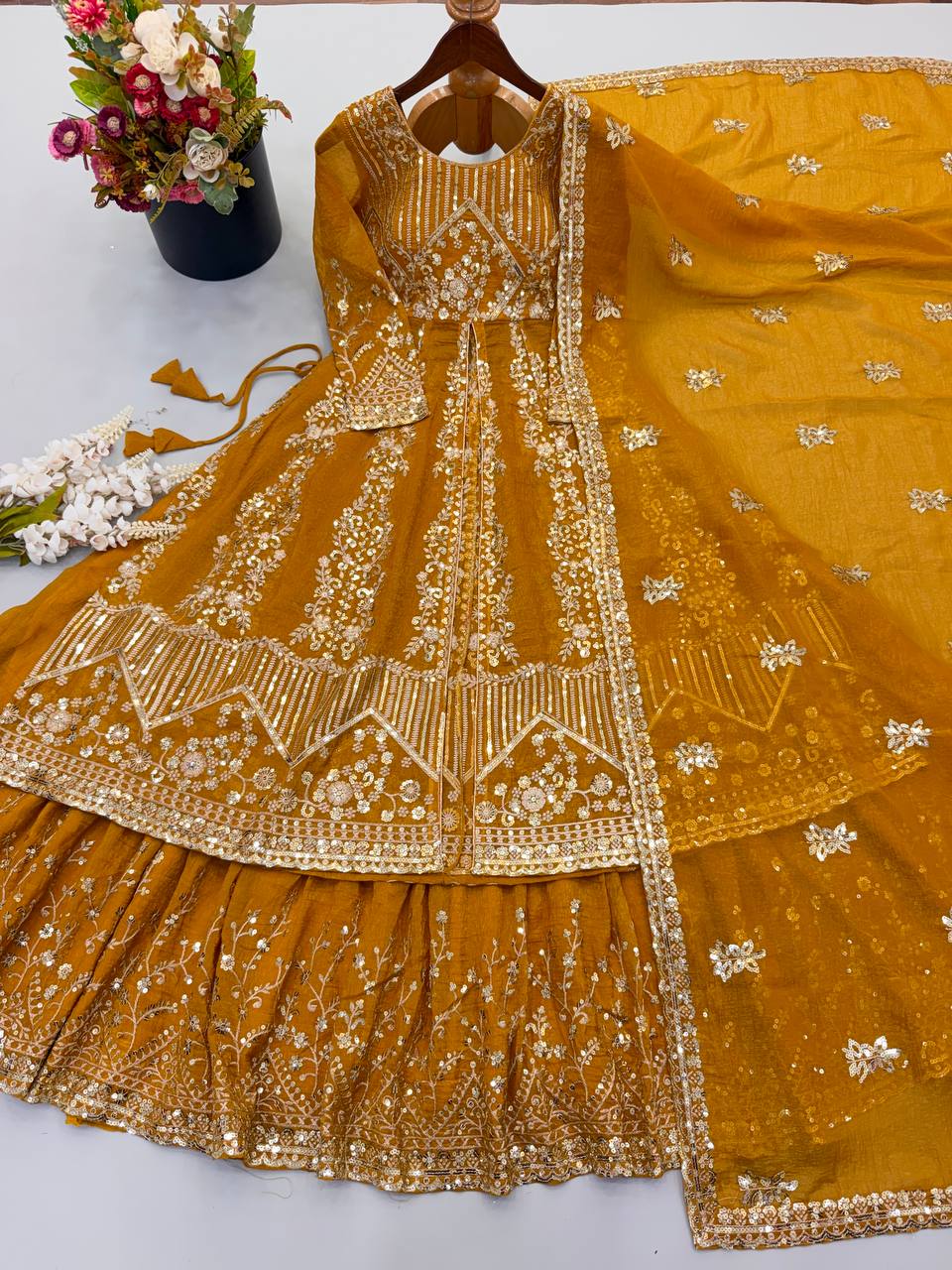 Women's Mustard Yellow Crunchy Silk Heavy Embroidery Sequence 3-Piece Gown & Lehenga Set