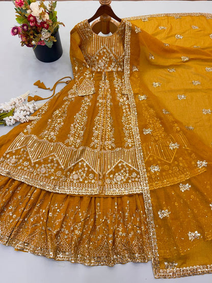 Women's Mustard Yellow Crunchy Silk Heavy Embroidery Sequence 3-Piece Gown & Lehenga Set