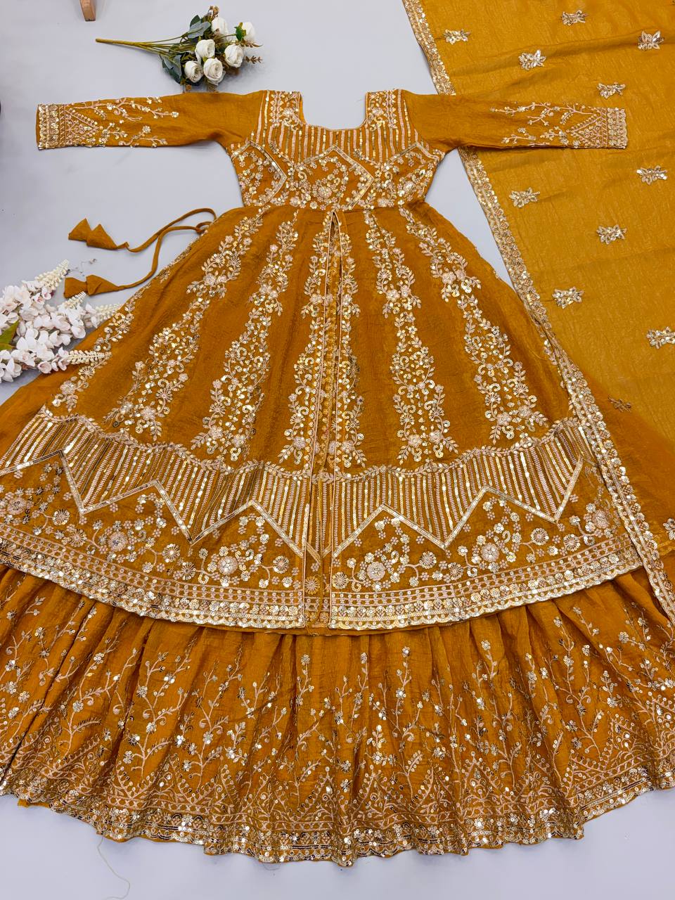 Women's Mustard Yellow Crunchy Silk Heavy Embroidery Sequence 3-Piece Gown & Lehenga Set