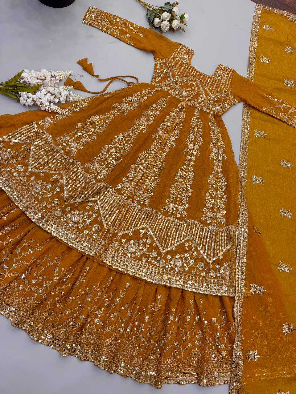 Women's Mustard Yellow Crunchy Silk Heavy Embroidery Sequence 3-Piece Gown & Lehenga Set