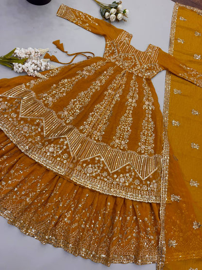 Women's Mustard Yellow Crunchy Silk Heavy Embroidery Sequence 3-Piece Gown & Lehenga Set